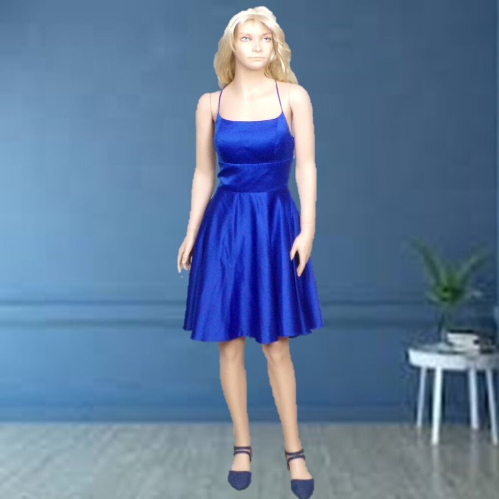 B. DARLIN size 3/4 royal-blue satin backless orr-shoulder fit/flare party dress